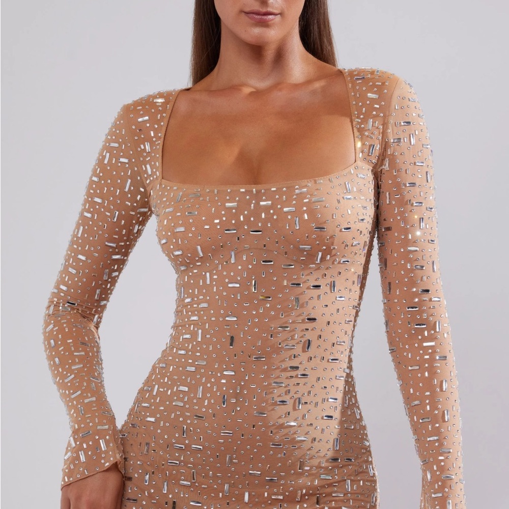 WORN ONCE!! Cream Sequin Bodycon Mini Dress with Long Sleeves and Square Neck